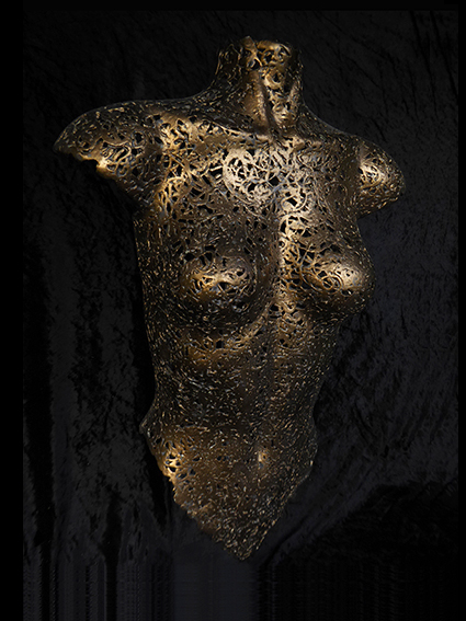 Ceramic filigree torso with gold glaze 55 x 40cm with metal stand.
