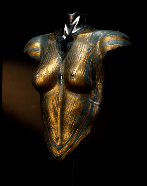 Ceramic torso with gold and pewter glaze 55 x 40cm with metal stand.