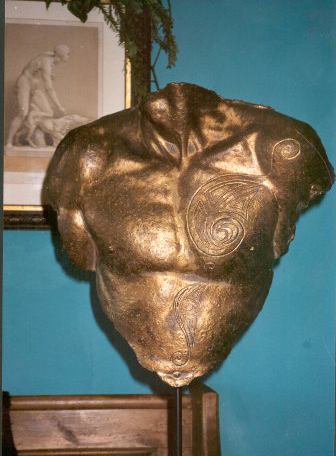 GAWAIN - Ceramic carved male torso with gold glaze 50 x 45cm with metal stand