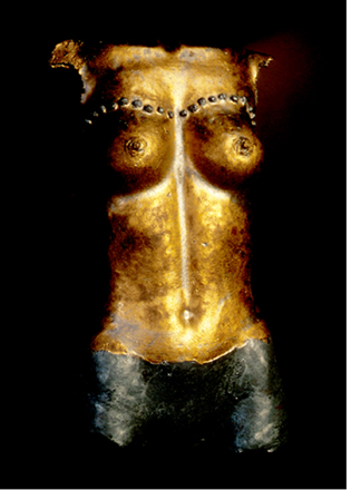 BOADICEA - Ceramic torso in gold and pewter glaze 60 x 40cm with metal stand