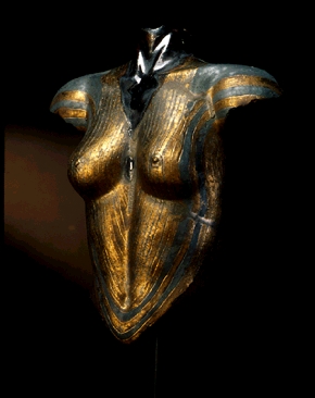 ISIS - Ceramic carved torso with gold and pewter glaze          55 x 40cm with metal stand.